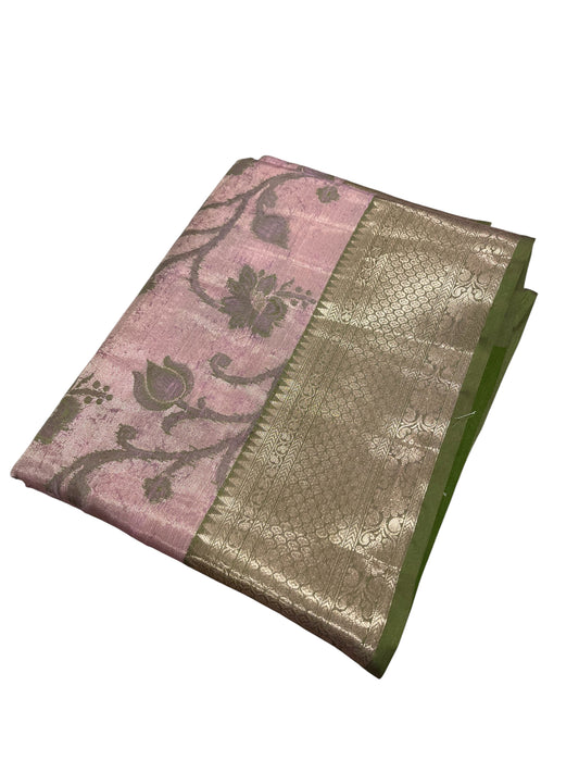 Southloom Tissue Silk Saree with Woven Work on Body and Borders (Pink & Green)