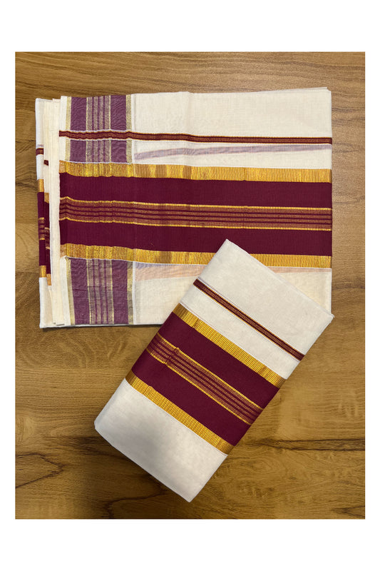 Kerala Cotton Set Mundu (Mundum Neriyathum) with Kasavu and Dark Magenta Border