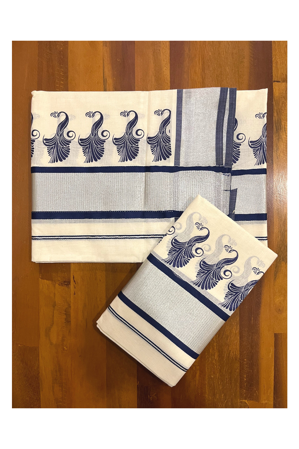 Pure Cotton Kerala Single Set Mundu (Mundum Neriyathum) with Blue Block Printed Silver Kasavu Border