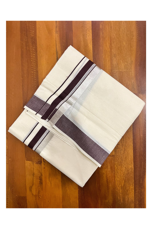 Pure Cotton Kerala Double Mundu with Brown and Silver Kasavu Kara (South Indian Kerala Dhoti)