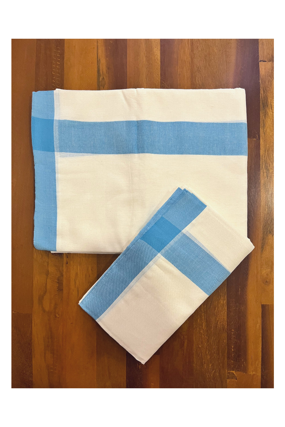 Kerala Mulloth Cotton Single Mundum Neriyathum with Light Blue Border (Extra Soft Cotton)