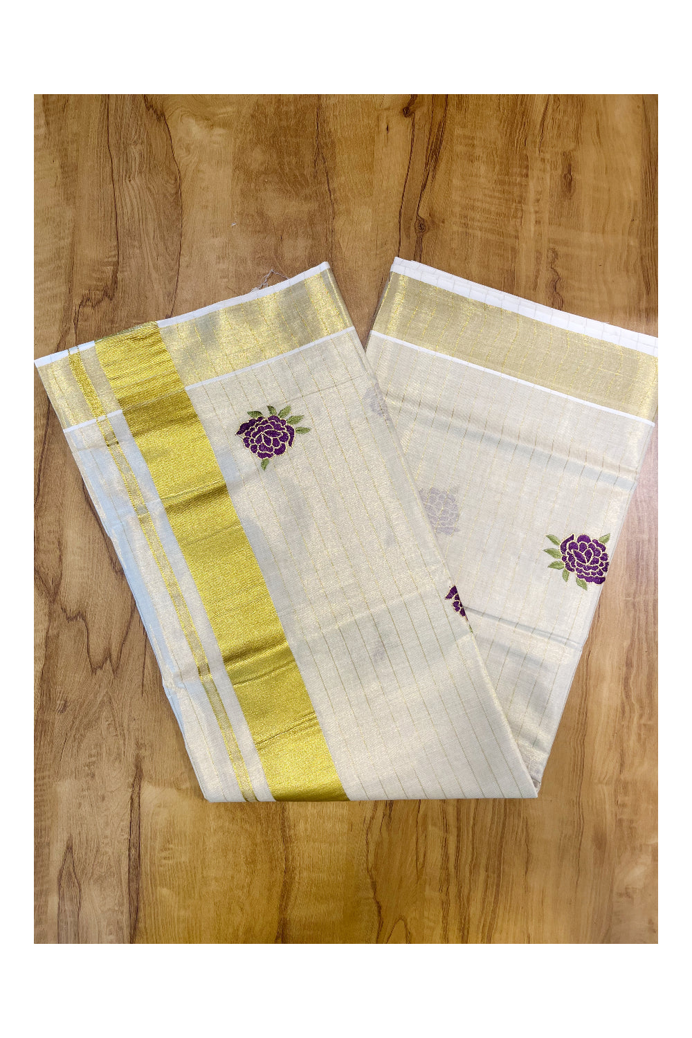 Southloom Kerala Tissue Kasavu Lines Saree with Violet Floral Embroidery Works