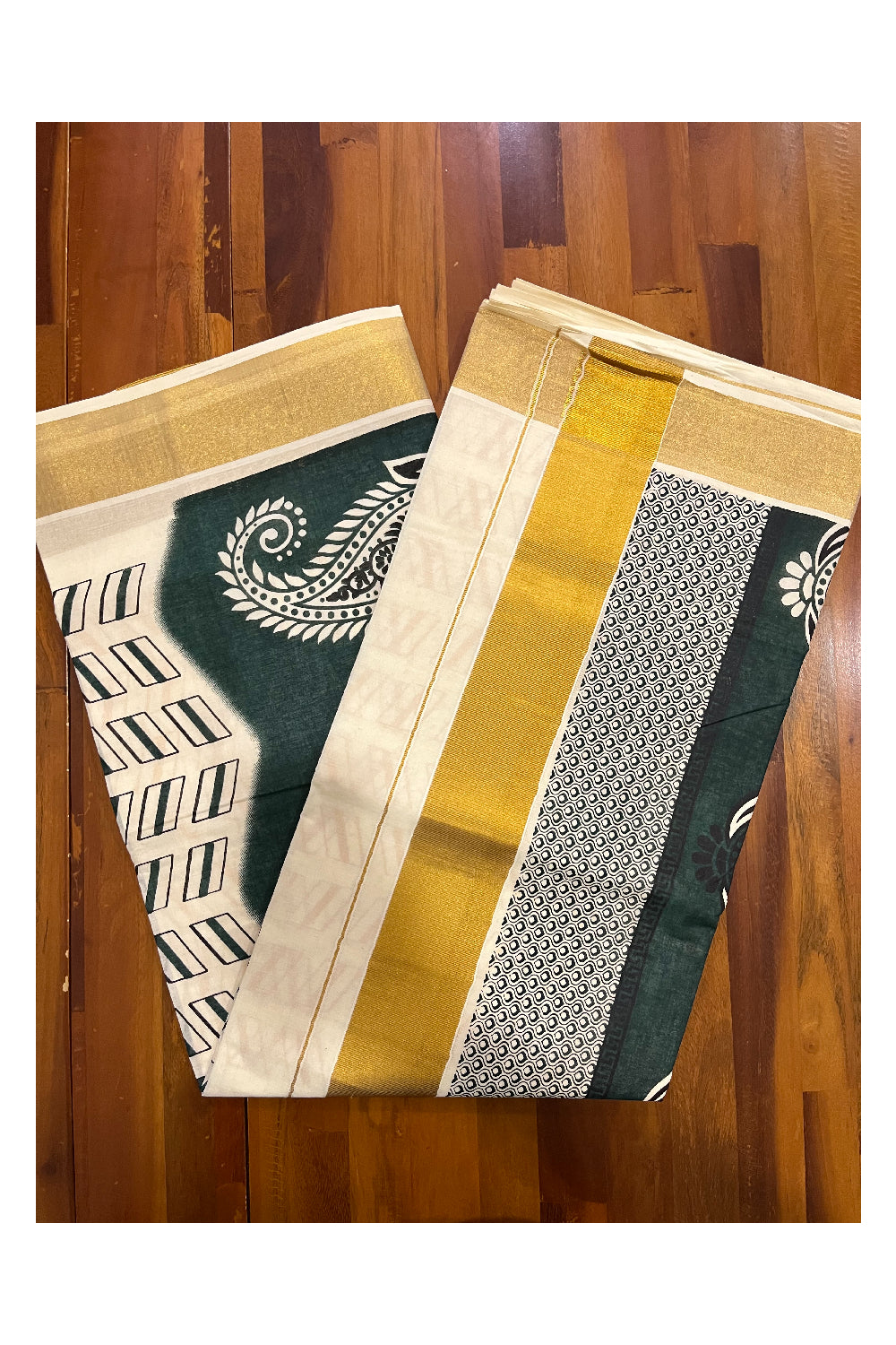 Kerala Cotton Saree with Green Block Prints on Pallu and Golden Block Prints on Body