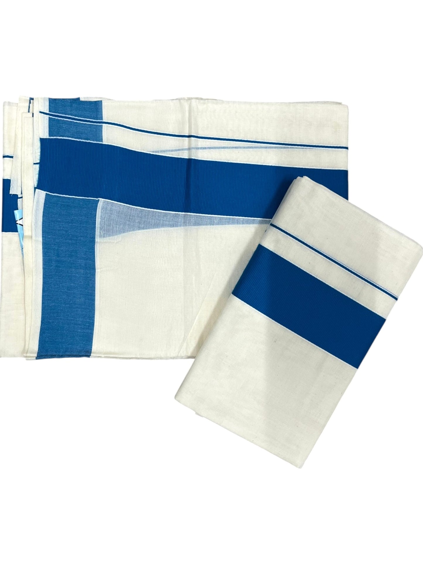 Southloom Kerala Cotton Mundum Neriyathum Single (Set Mundu) with Blue Border 2.80 Mtrs