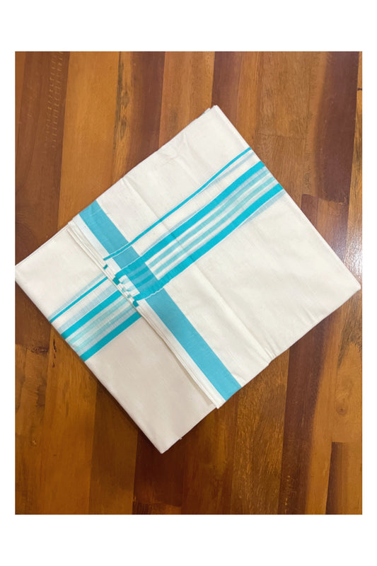 Kerala Cotton Double Mundu with Turquoise Line Border (Onam Mundu 2023)