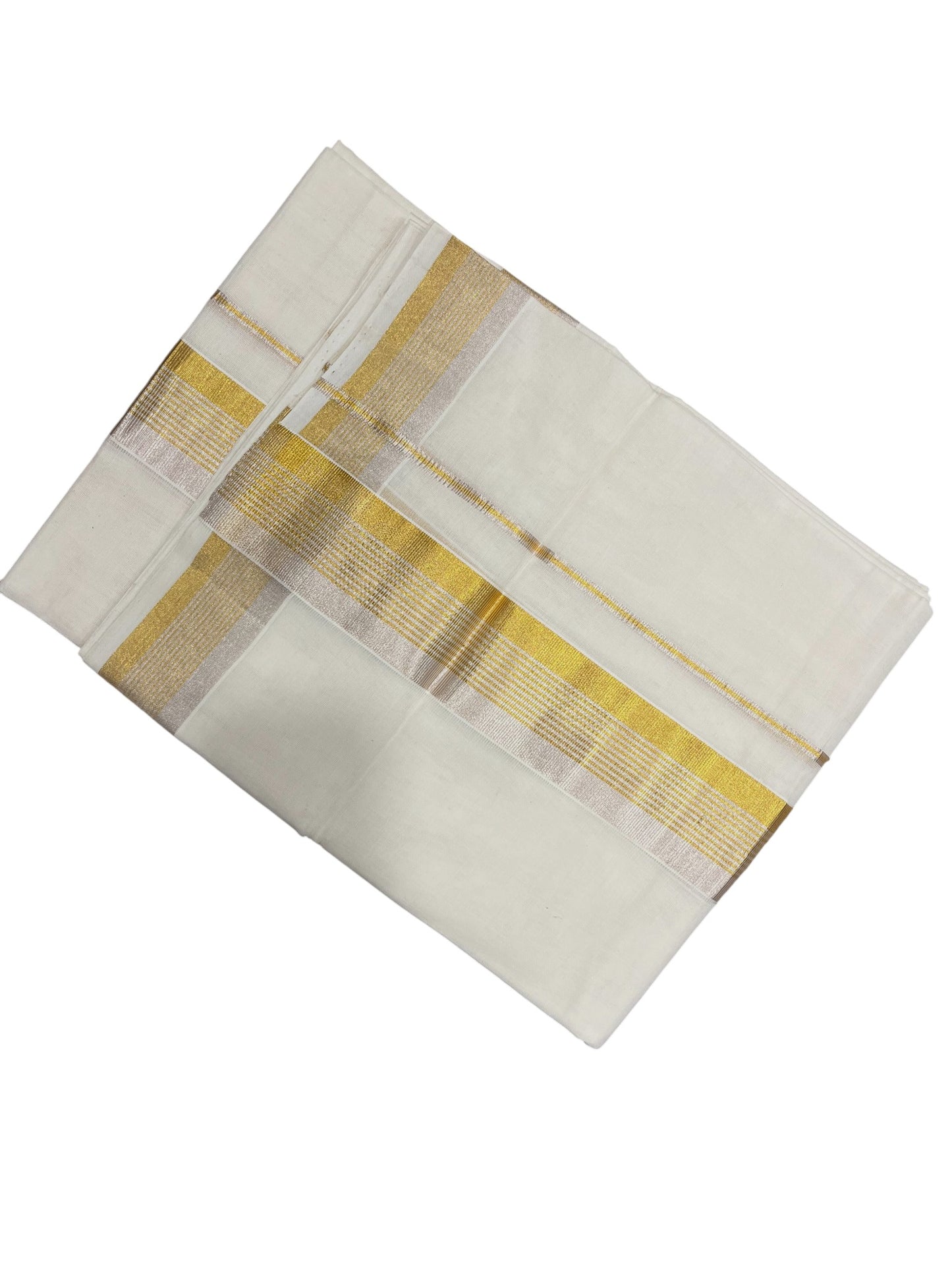 Southloom Premium Handloom Cotton Double Mundu with Gold And Silver Lines Kasavu Border