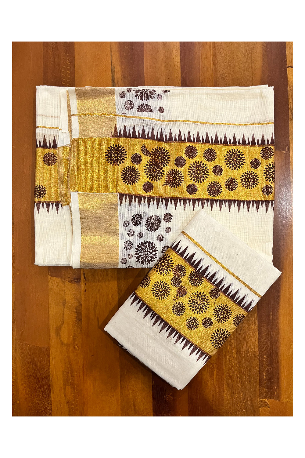 Kerala Pure Cotton Set Mundu Single (Mundum Neriyathum) with Brown Temple Block Prints on Kasavu Border