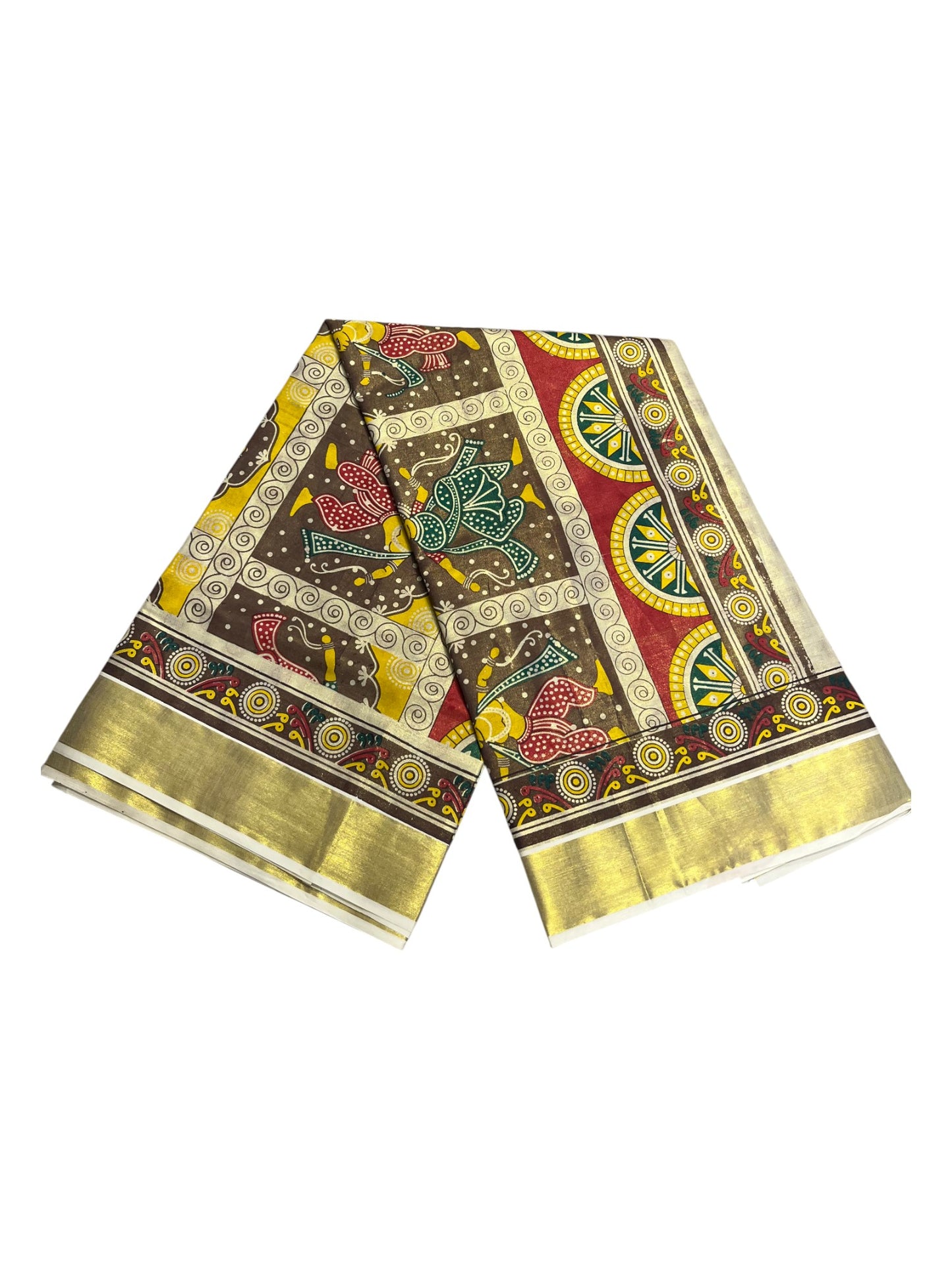 Southloom Kerala Tissue Kasavu Saree with Brown and Red Hand Printed Design