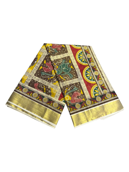 Southloom Kerala Tissue Kasavu Saree with Brown and Red Hand Printed Design