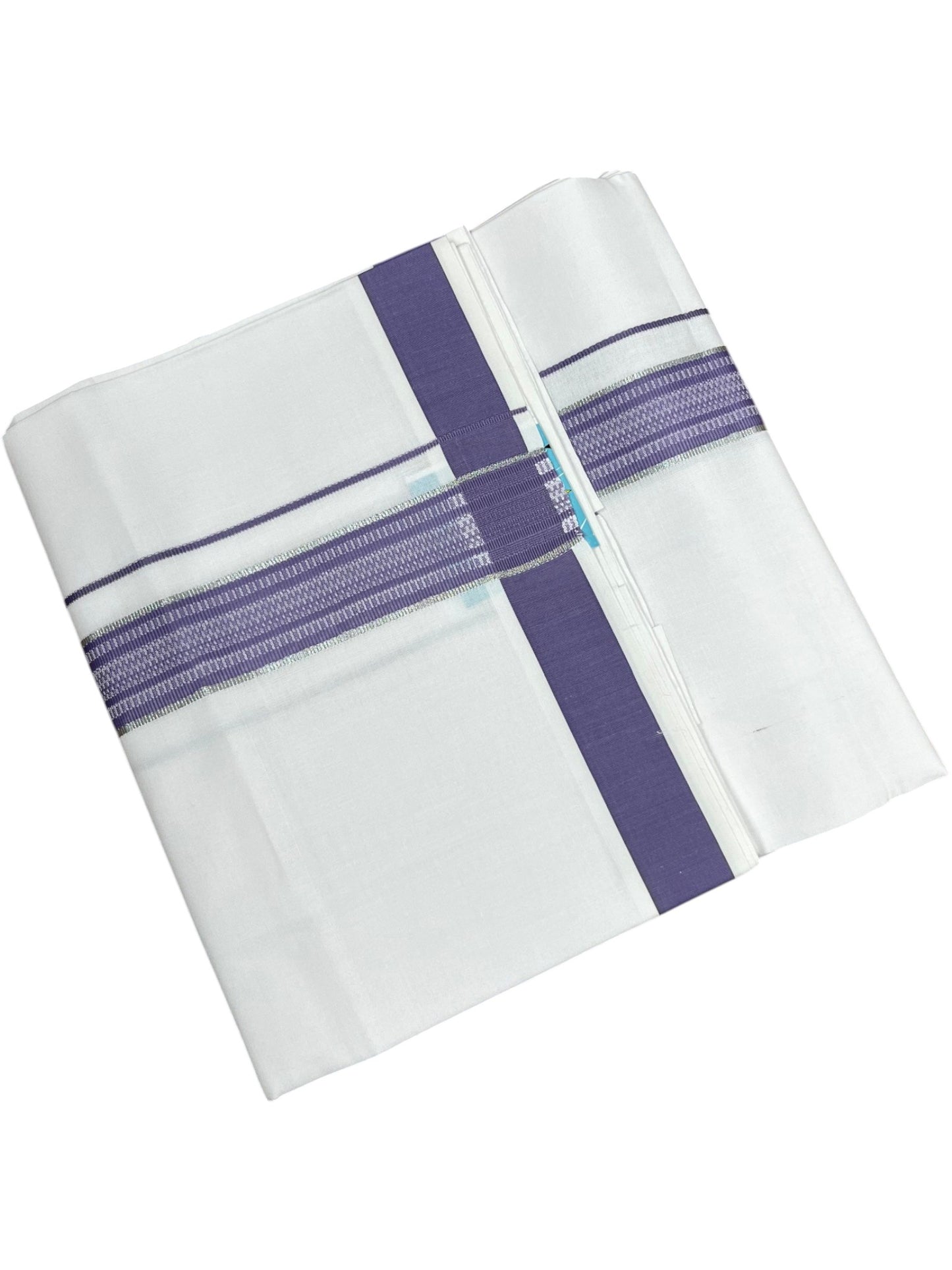 Southloom Pure White Cotton Single Mundu with Silver Line & Lavender Border (South Indian Kerala Dhoti)