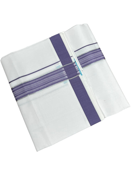 Southloom Pure White Cotton Single Mundu with Silver Line & Lavender Border (South Indian Kerala Dhoti)