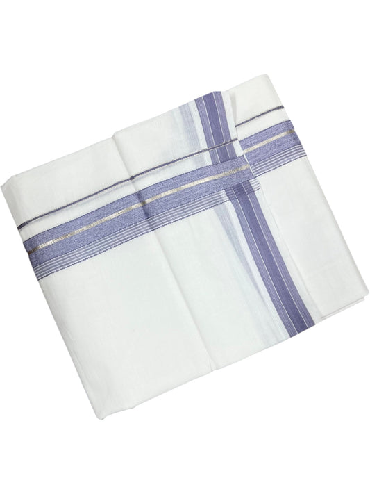 Southloom Kerala Pure White Cotton Double Mundu with Silver Line & Lavender Border (South Indian Dhoti)