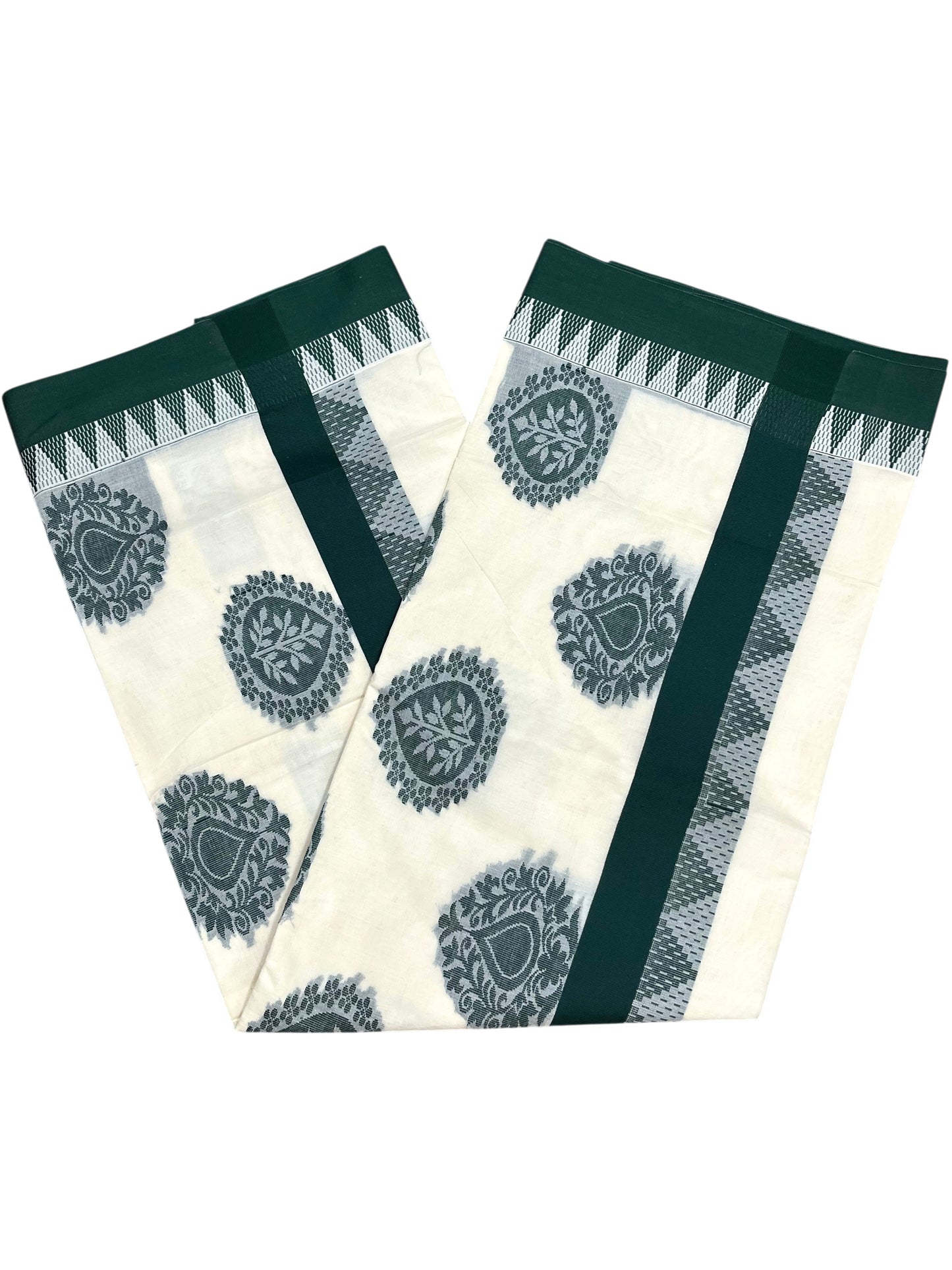 Southloom Pure Cotton Kerala Saree with Green Heavy Woven Designs and Temple Border