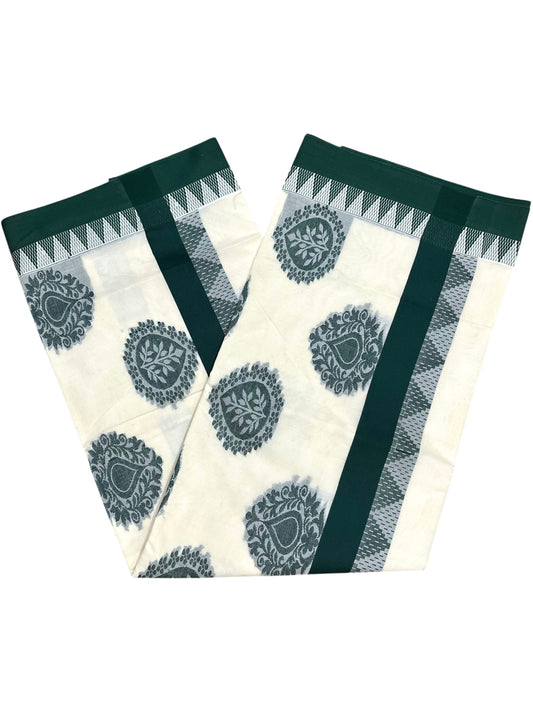 Southloom Pure Cotton Kerala Saree with Green Heavy Woven Designs and Temple Border