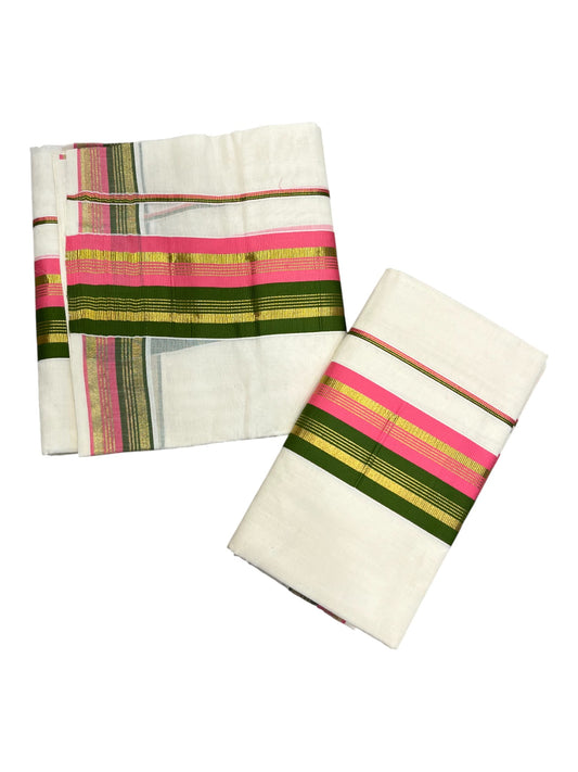 Kerala Cotton Kasavu Set Mundu (Mundum Neriyathum) with Pink and Green Border