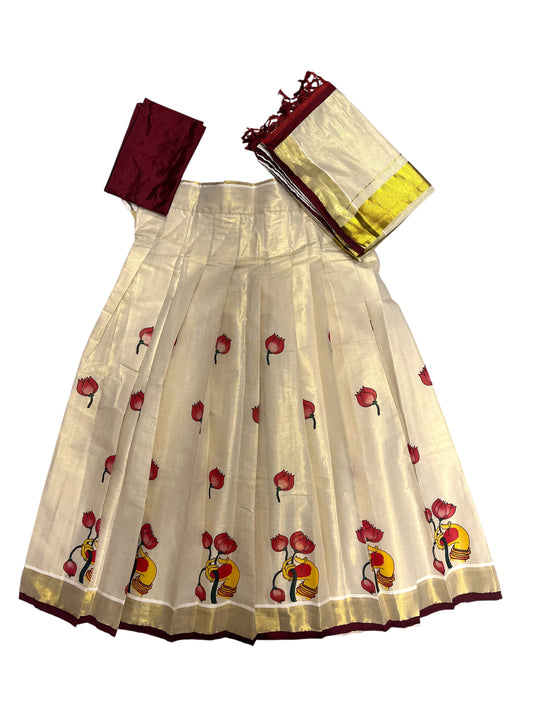 Southloom Semi Stitched Tissue  Printed Dhavani Set with Pavada and Maroon Blouse Piece
