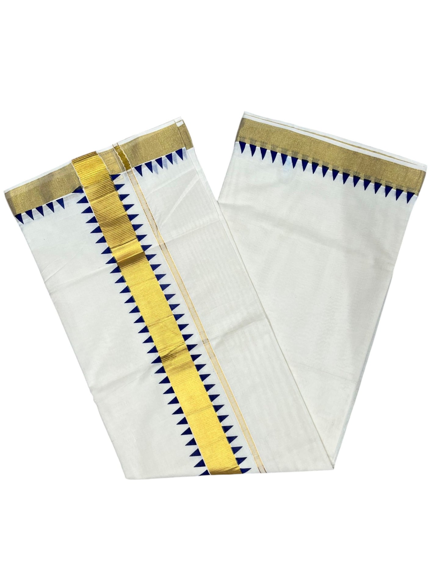 Southloom Cotton Kerala Kasavu Saree with Blue Tample Design Border