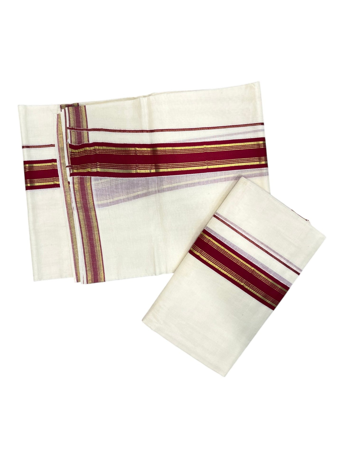 Southloom Kerala Cotton Single Set Mundu (Mundum Neriyathum) with Kasavu and Maroon Border 2.80 Mtrs