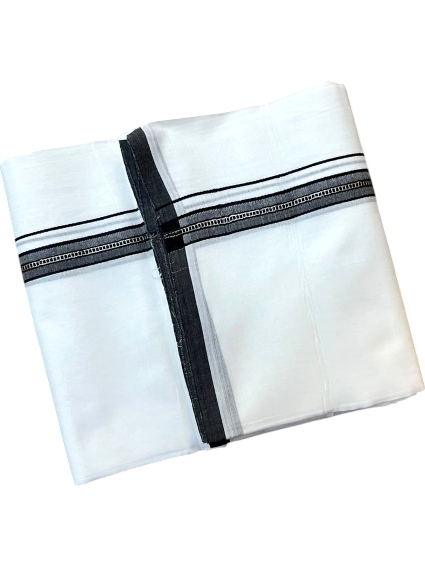 Southloom Pure White Cotton Mundu with Black & Silver Line Border (South Indian Kerala Dhoti)