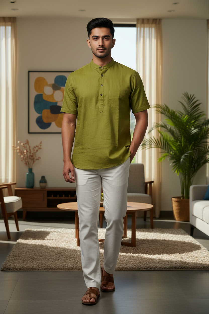 Southloom Green Short Cotton Kurta Shirt for Men
