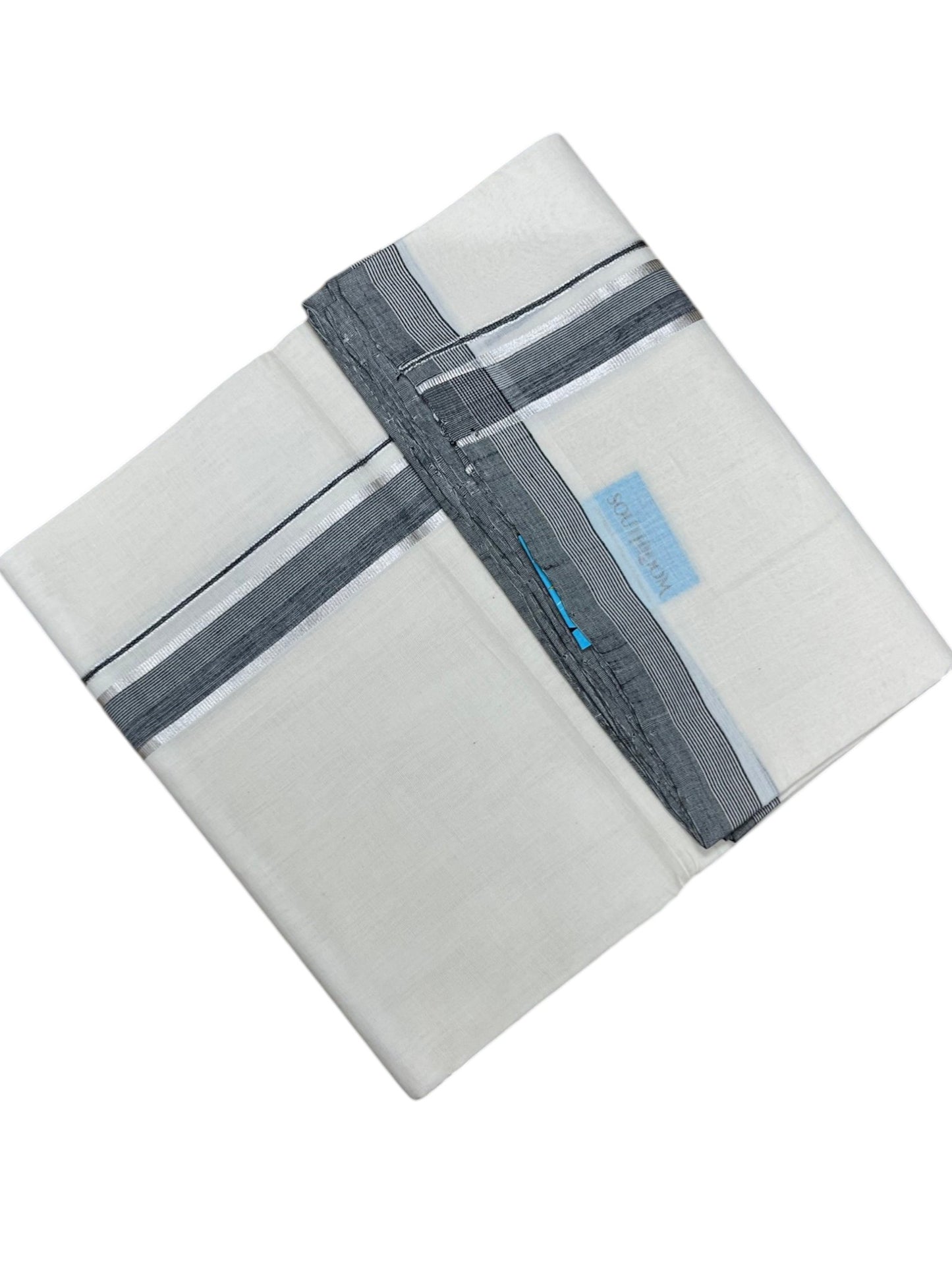 Southloom Unakkupaavu Premium Handloom Cotton Double Mundu with Silver Kasavu and Grey Border