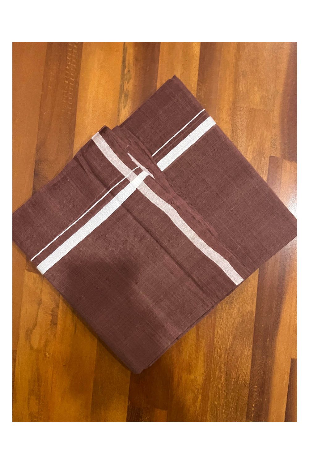 Southloom Premium Handloom Brown Solid Single Mundu (Lungi) with White Border (South Indian Kerala Dhoti)