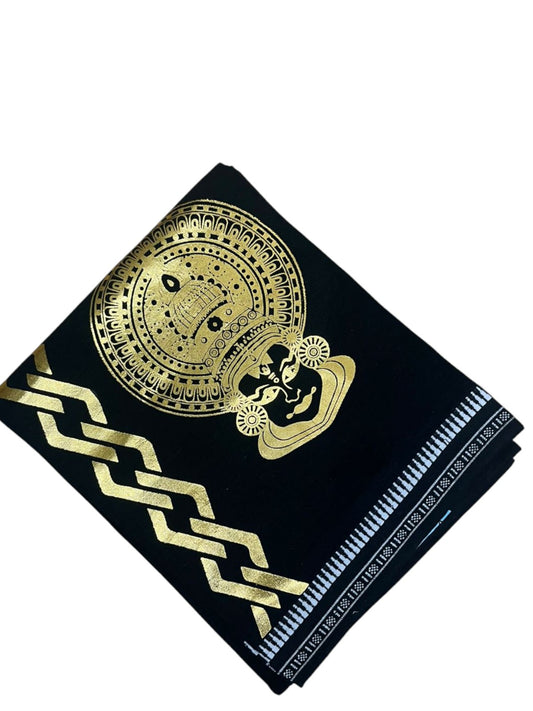 Southloom Black Printed Single Mundu / Otta Mundu / Lungi (South Indian Kerala Dhoti) with Kathakali PrintSL580
