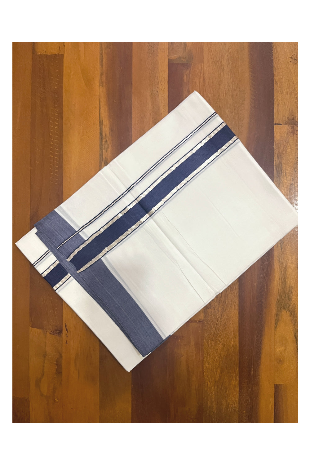 Pure White Cotton Double Mundu with Navy Blue and Silver Kasavu Border (South Indian Kerala Dhoti)