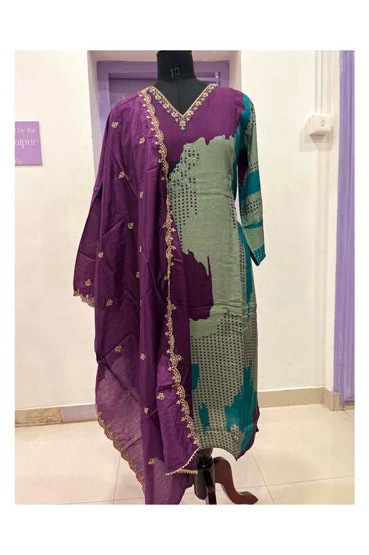 Southloom Stitched Semi Silk Salwar Set in Purple Green Printed and Sequins Designs
