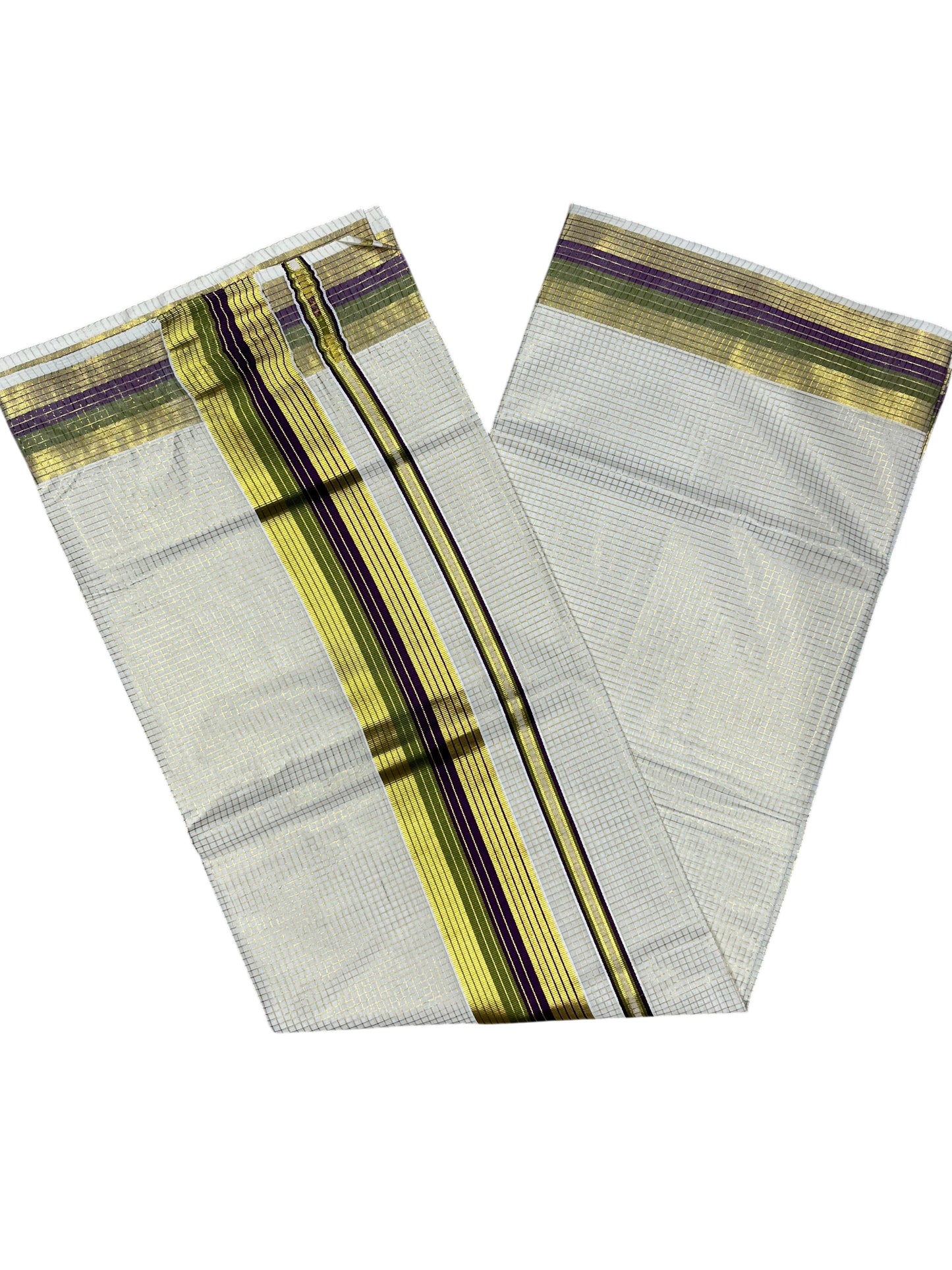 Southloom Kerala Cotton Kasavu Saree with Micro Check Design on Body in Purple & Olive Green Border