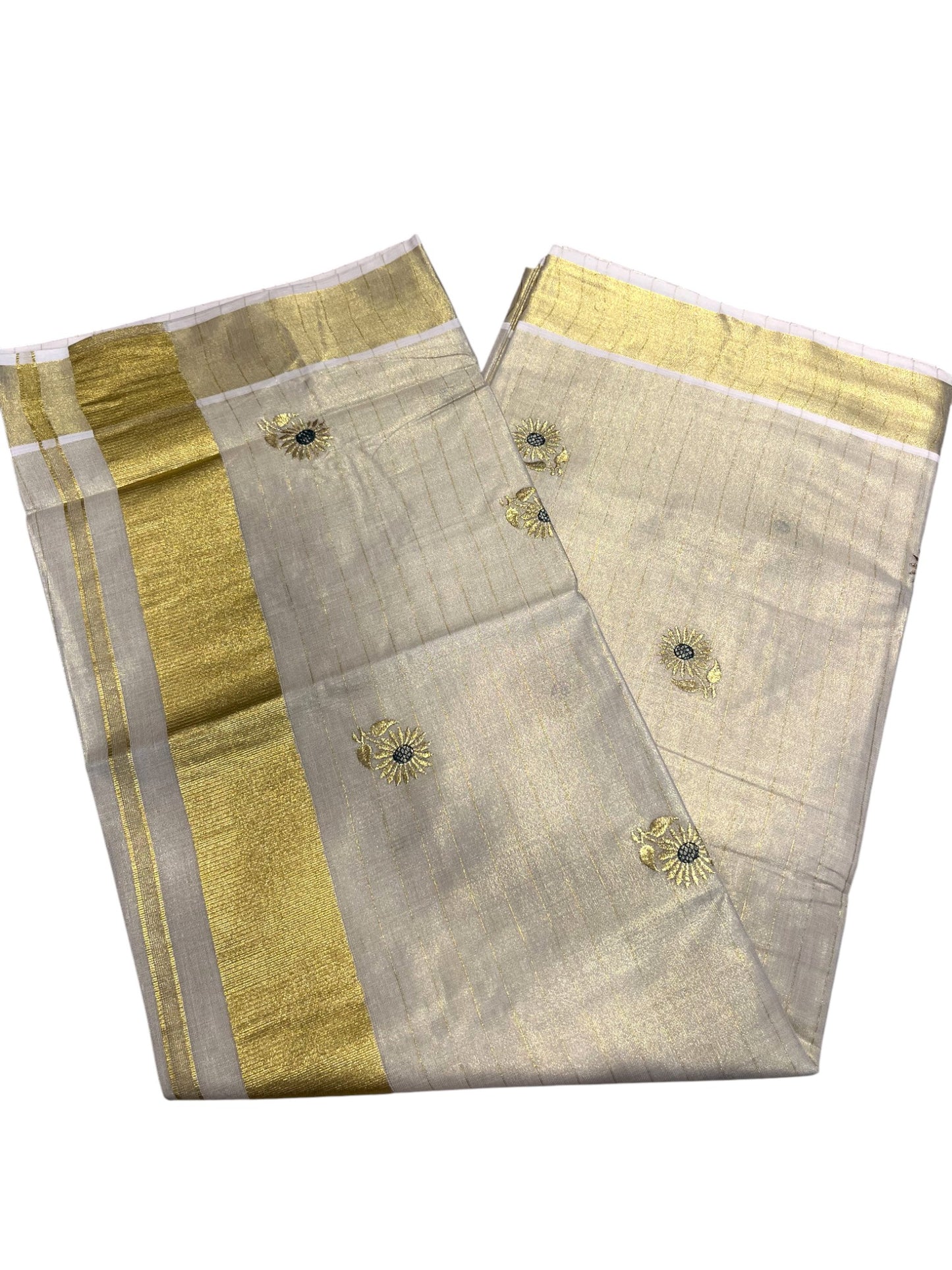 Kerala Tissue Kasavu Stripes Saree with Floral Embroidery Design on Body