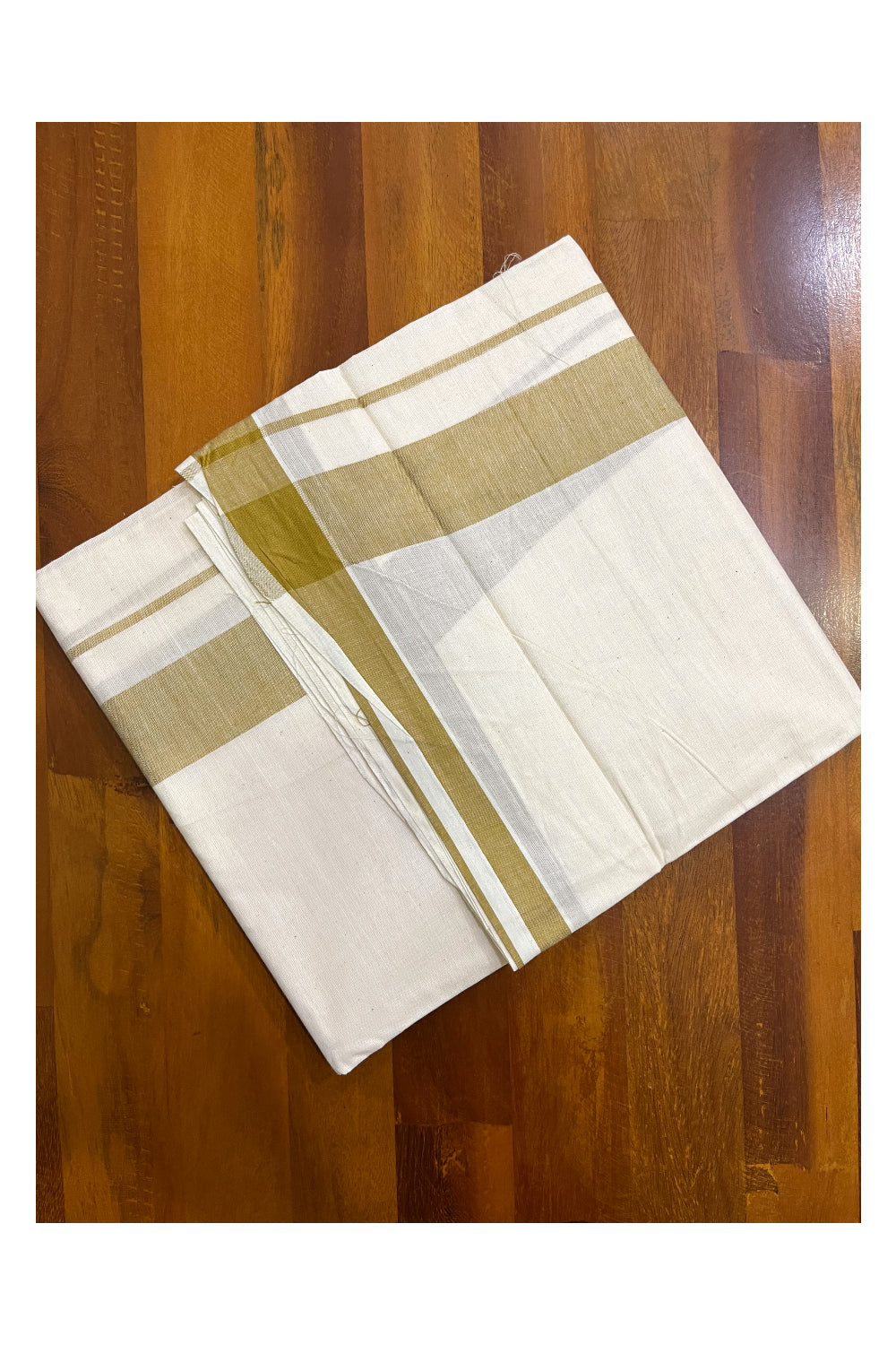 Kerala Pure Cotton Double Mundu with Olive Green Kara (South Indian Kerala Dhoti)