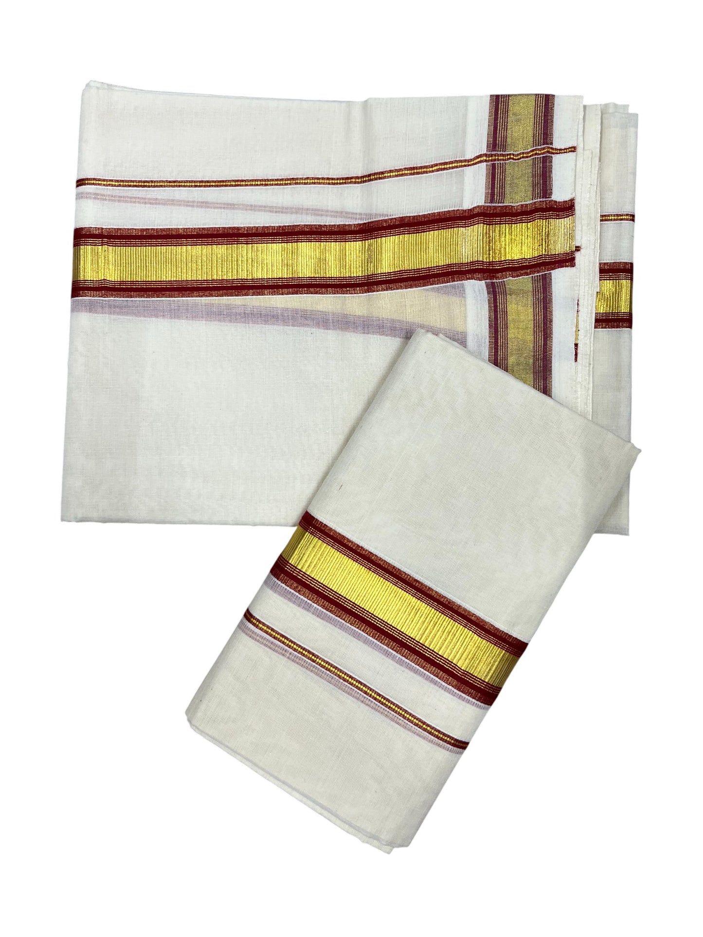 Kerala Cotton Set Mundu (Mundum Neriyathum) with Kasavu and Maroon Border 2.80 Mtrs