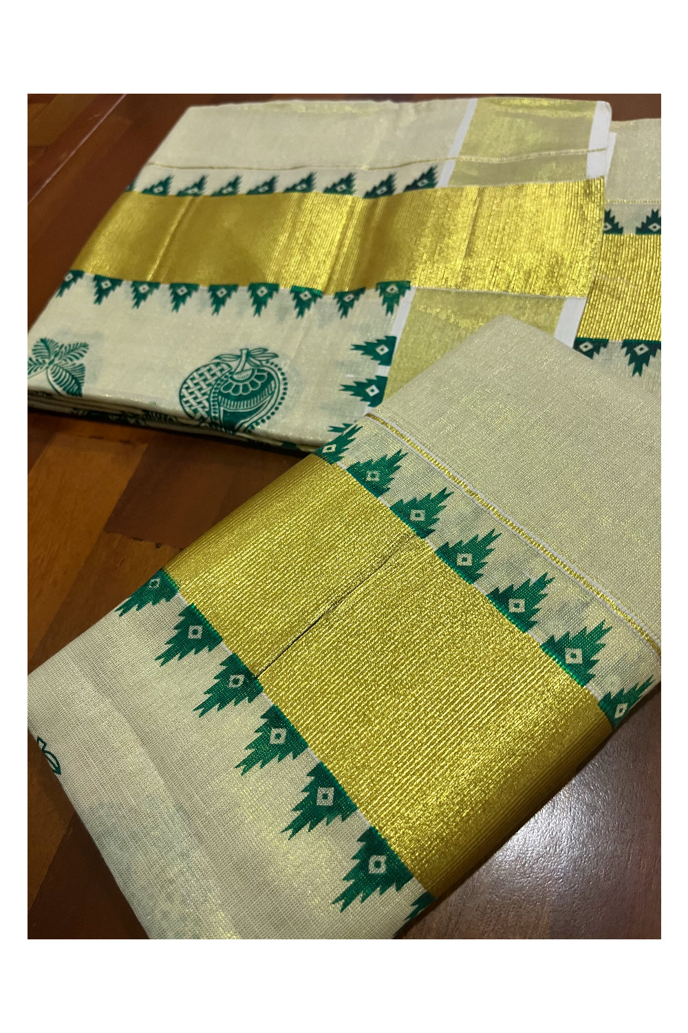 Kerala Tissue Single Set Mundu (Mundum Neriyathum) with Green Block Prints and Temple Border 2.80 Mtrs