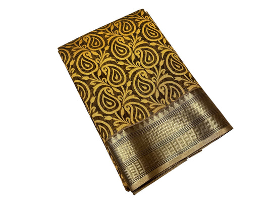 Southloom Cotton Banarasi Silk Saree with Woven Work on Body and Borders(Brown)