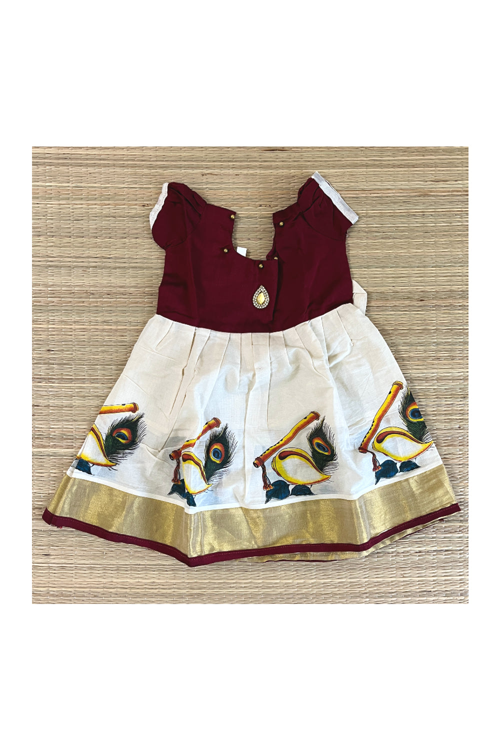 Southloom Kerala Cotton Frock with Maroon Bead Work Designs for Kids (Six Months)