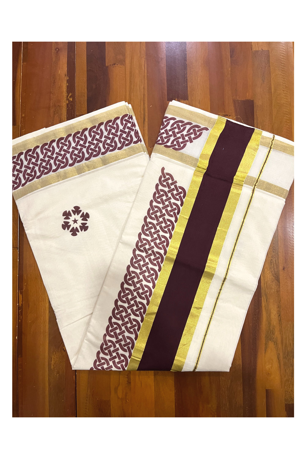 Pure Cotton Kerala Saree with Brown Block Printed Kasavu Border