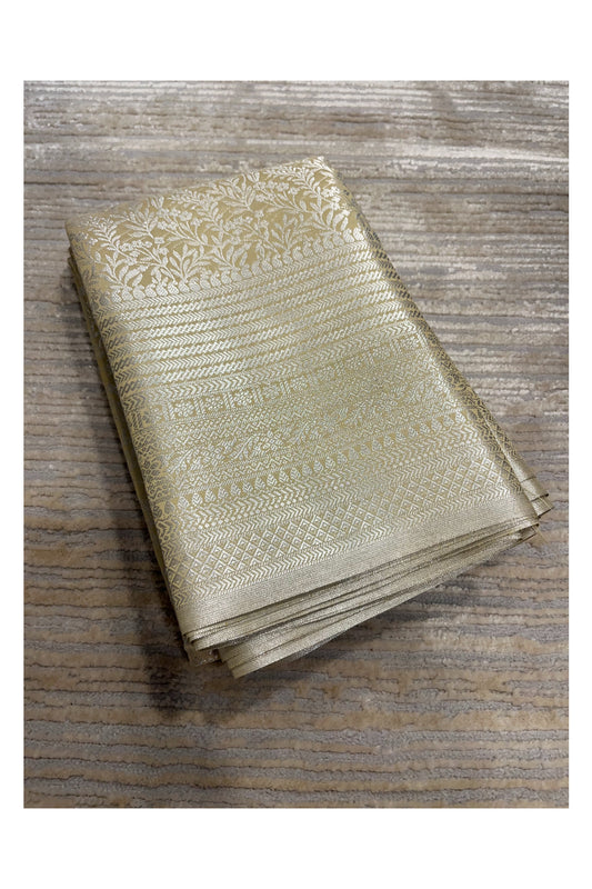 Southloom Banarasi Silver Zari Brocade Work Silk Saree in Beige Pastel Shade