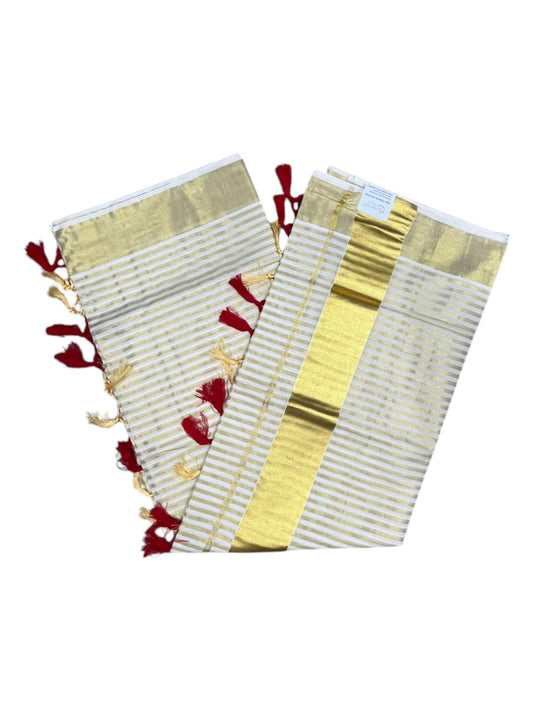 Southloom Kerala Cotton Kasavu Saree with Golden Stripes on Body with Tussels