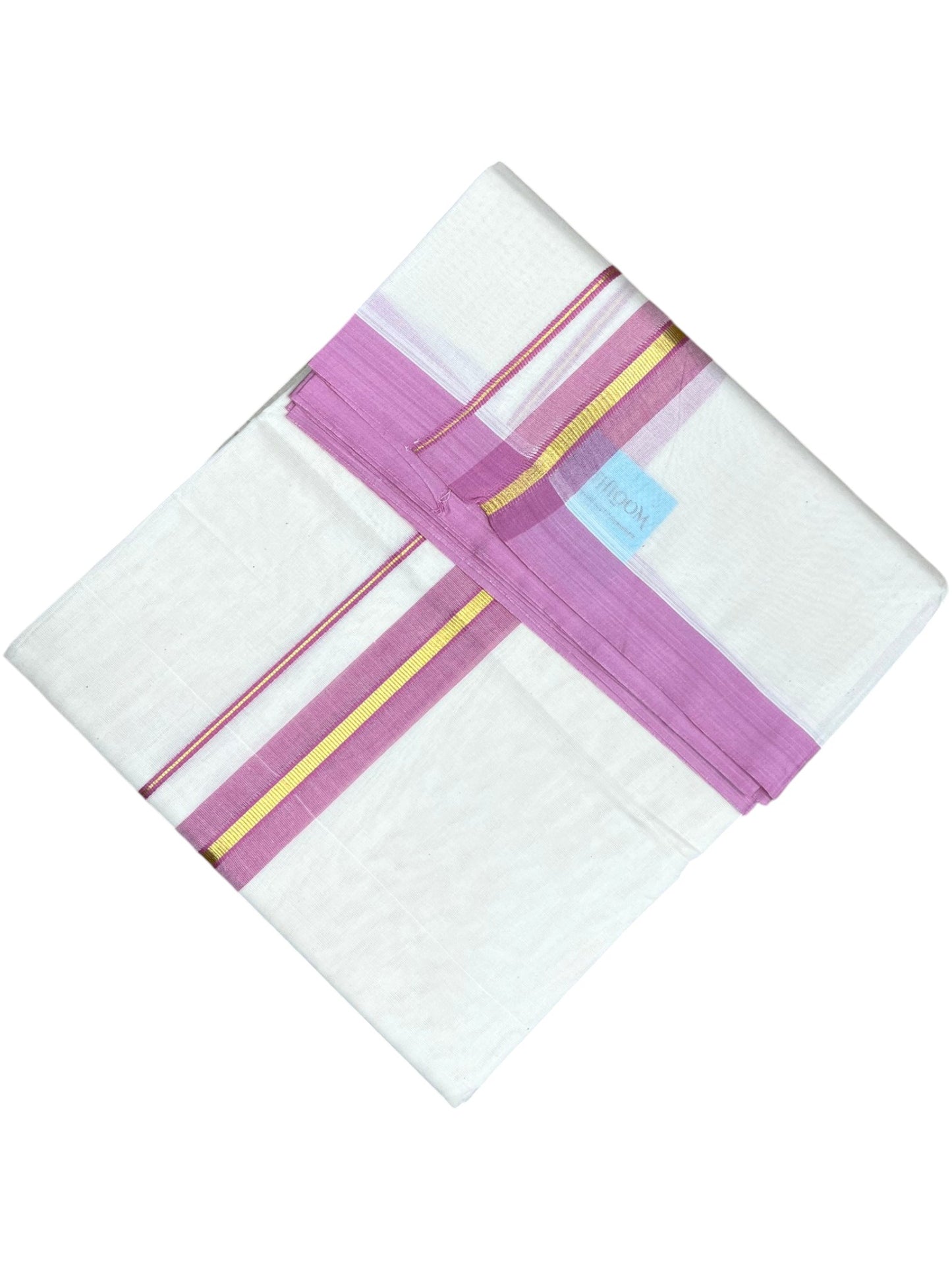 Southloom Pure Cotton Mundu with Gold Lines and Pink Border (South Indian Kerala Dhoti)
