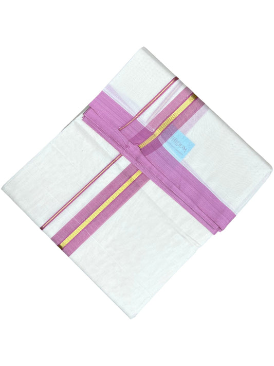 Southloom Pure Cotton Mundu with Gold Lines and Pink Border (South Indian Kerala Dhoti)