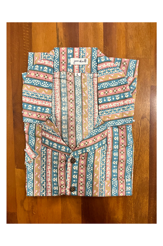 Southloom Jaipur Cotton Black Hand Block Printed Cuban Collar Shirt (Half Sleeves)