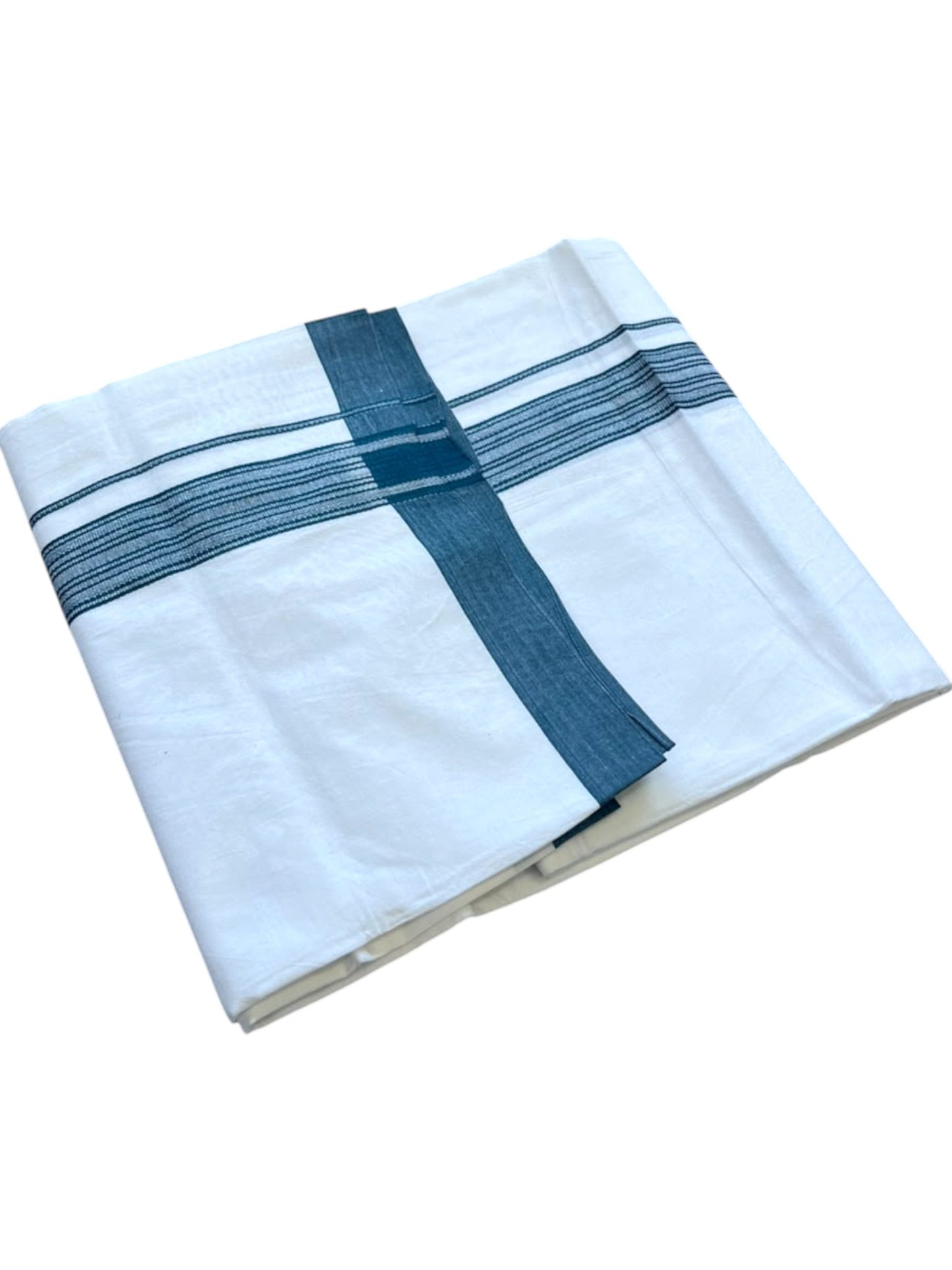 Southloom Pure White Single Cotton Mundu with Peacock Blue Border (South Indian Kerala Dhoti)