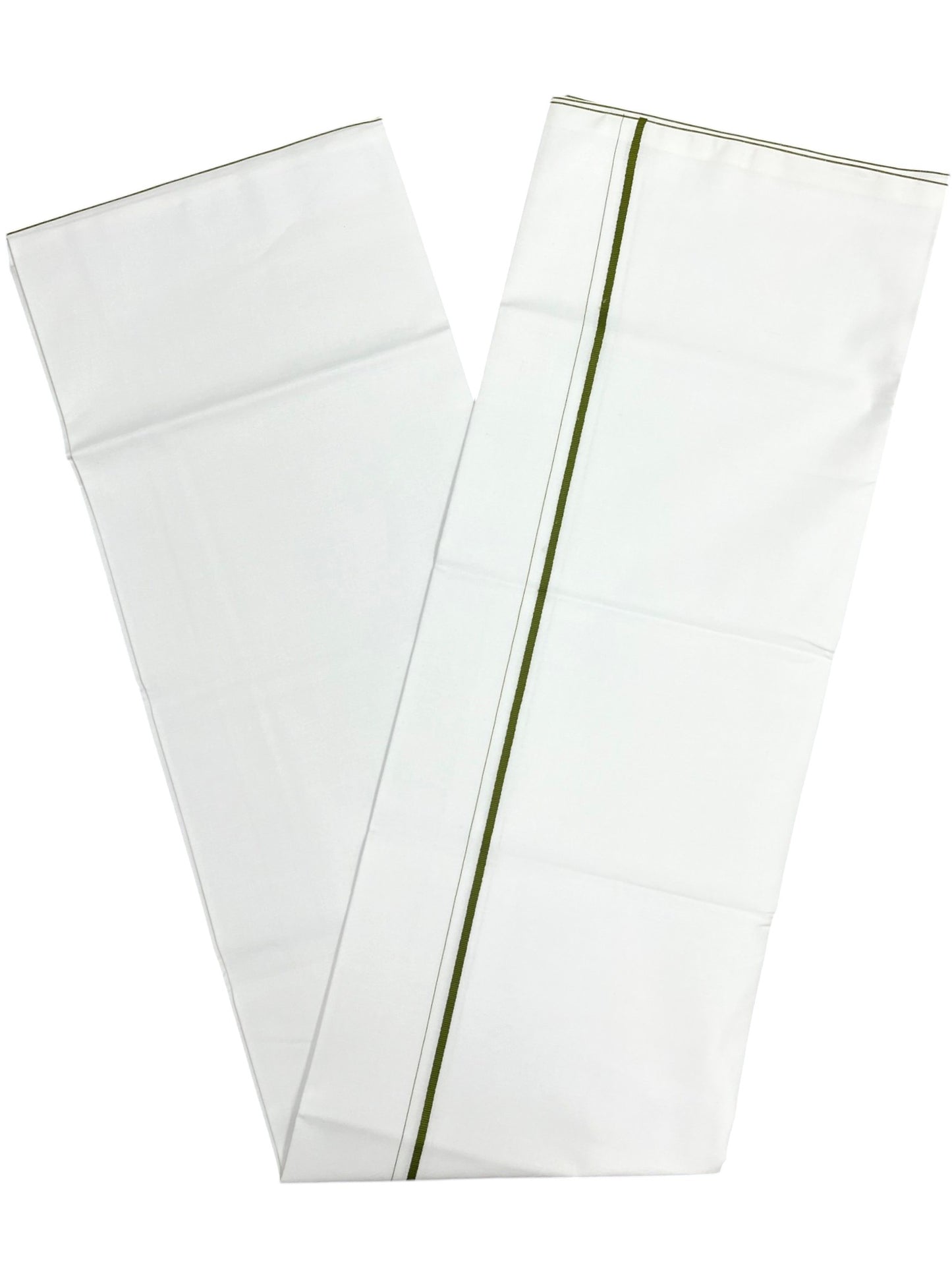 Southloom Pure White Cotton Single Eerkkil Kara Mundu with Olive Green Border (South Indian Kerala Dhoti)