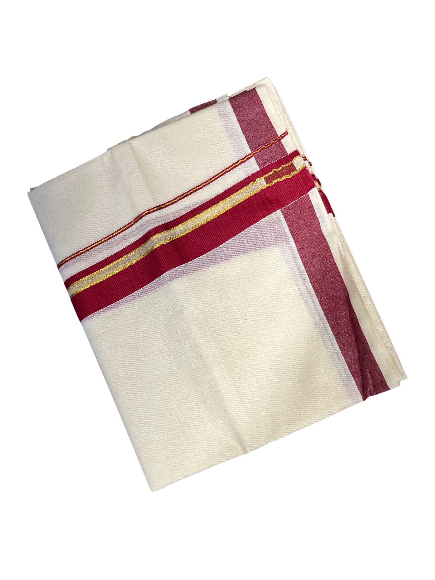 Southloom Kerala Pure Cotton Double Mundu with Gold Lines & Maroon Border (South Indian Dhoti)