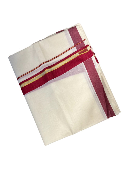 Southloom Kerala Pure Cotton Double Mundu with Gold Lines & Maroon Border (South Indian Dhoti)