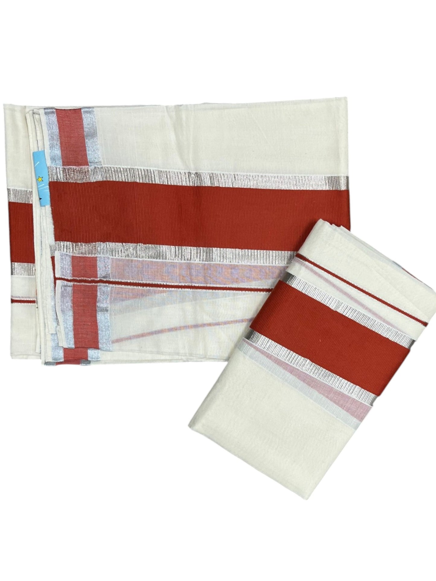Kerala Cotton Mundum Neriyathum Single (Set Mundu) with Dark Orange and Silver Kasavu Border 2.80 Mtrs  SLKK SL470