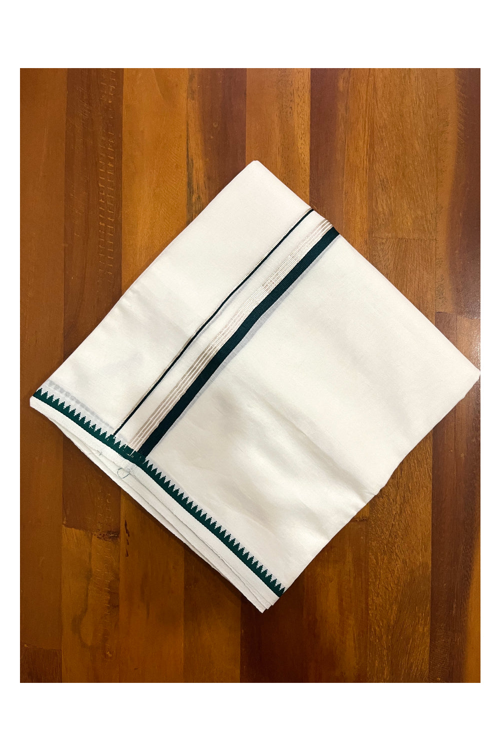 Pure White Cotton Double Mundu with Silver Kasavu and Dark Green Border (South Indian Kerala Dhoti)