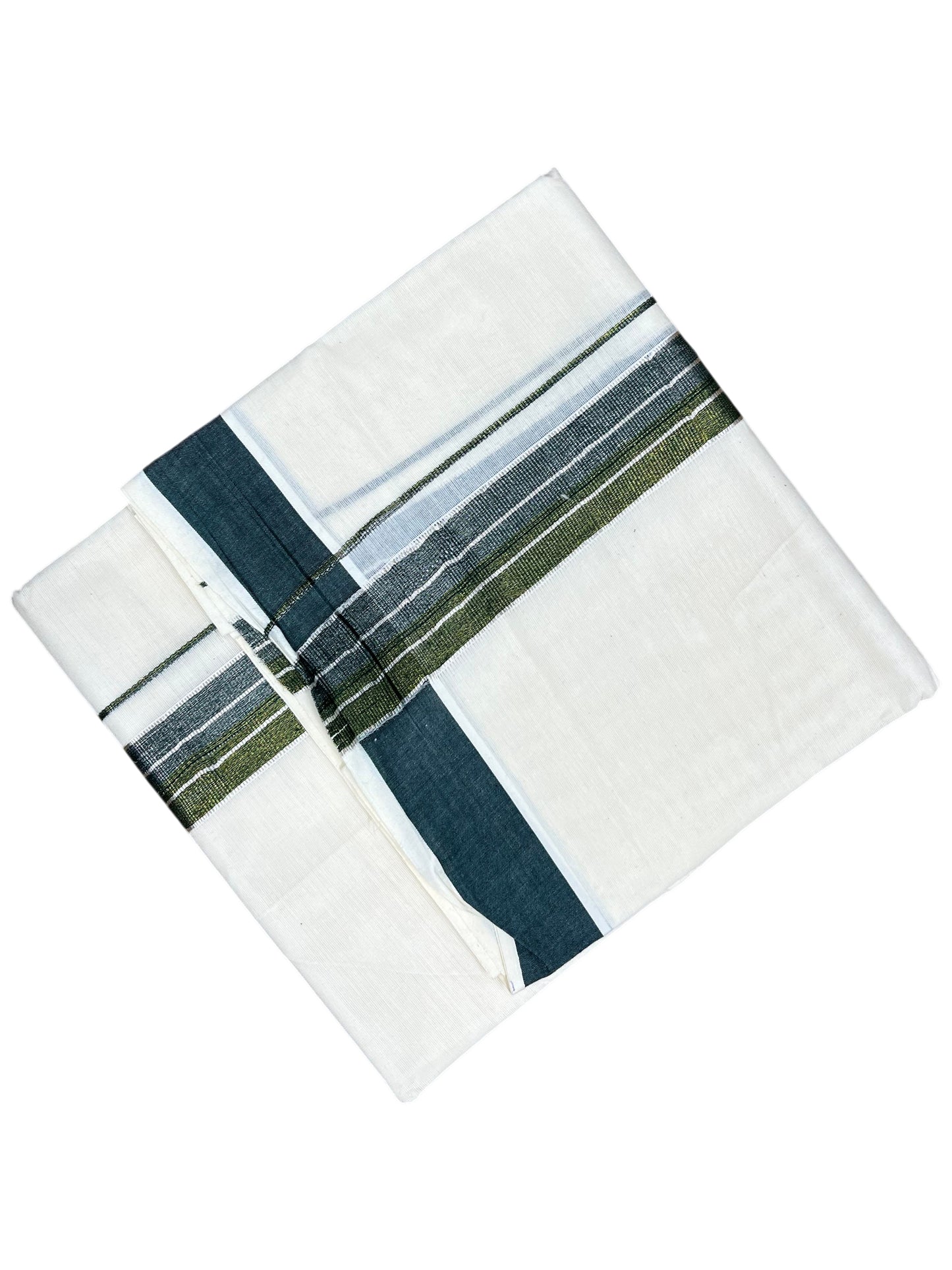 Southloom Pure Cotton Mundu with Silver Lines and Black&Green Border (South Indian Kerala Dhoti)