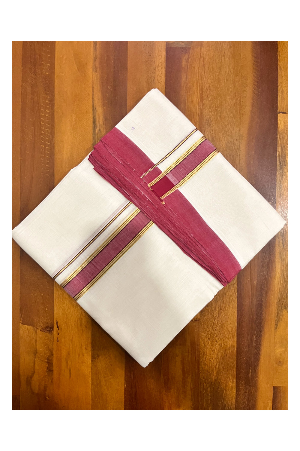 Southloom Premium Balaramapuram Unakkupaavu Handloom Kasavu Mundu with Maroon Border (South Indian Kerala Dhoti)